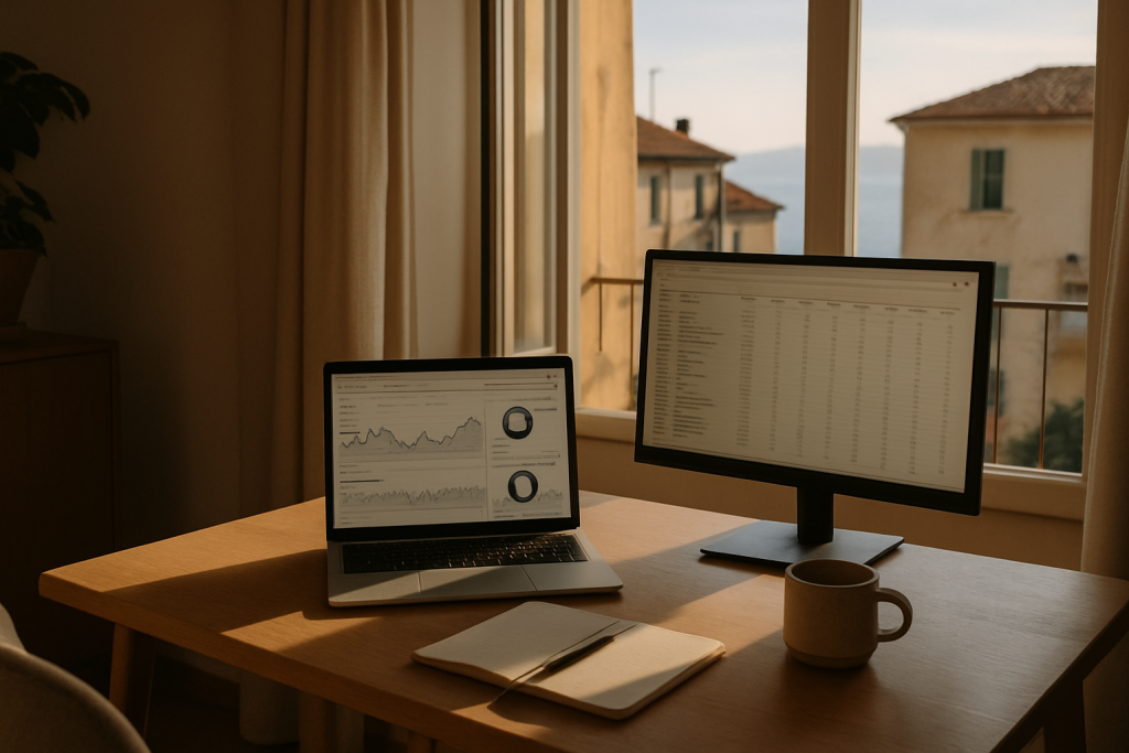A clean, focused workspace with data-driven screens conveys the analytical, engineering-led approach to SEO and GEO stra
